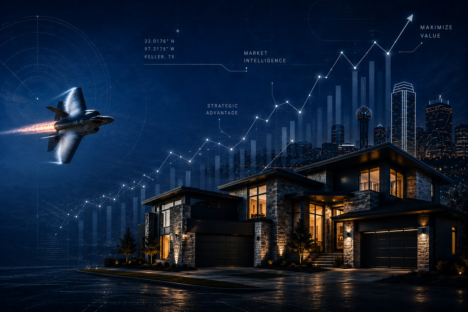 F-35, modern luxury home, and market intelligence overlay — strategy, precision, performance