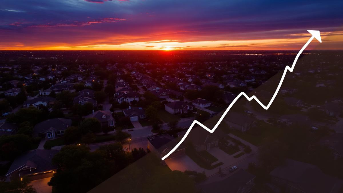 Aerial dusk view of a Dallas–Fort Worth suburb with a rising rate chart overlay