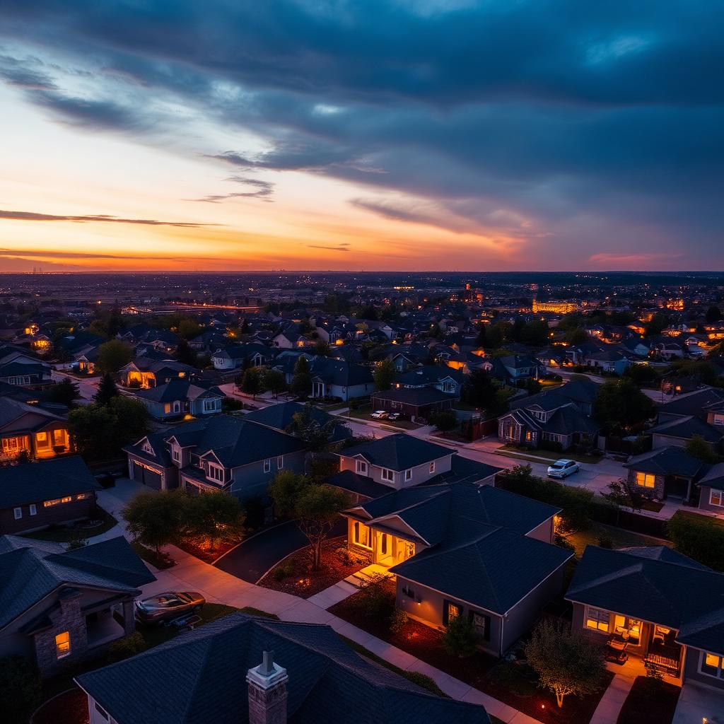 Dusk aerial view over a Dallas–Fort Worth suburban neighborhood