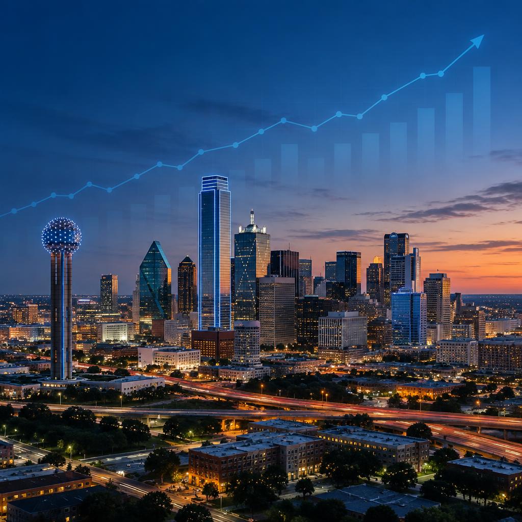 Dallas skyline at dusk with a rising mortgage rate chart overlay