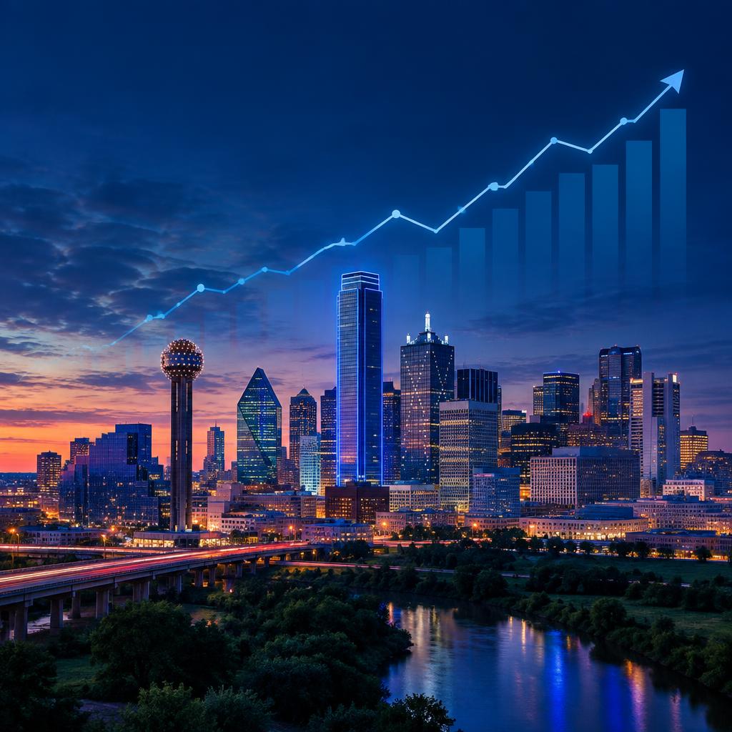 Dallas–Fort Worth skyline at dusk with a rising mortgage rate chart overlay