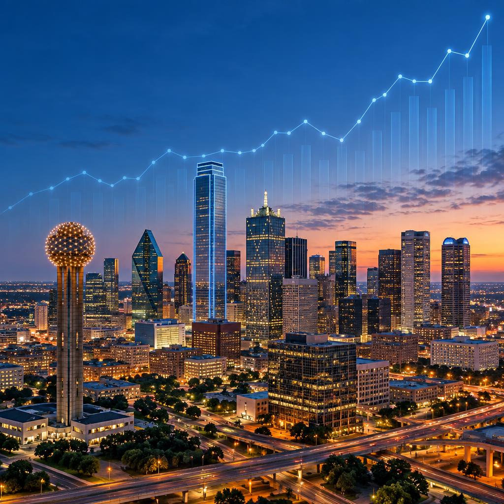 Dallas skyline at dusk with a rising mortgage rate chart overlay