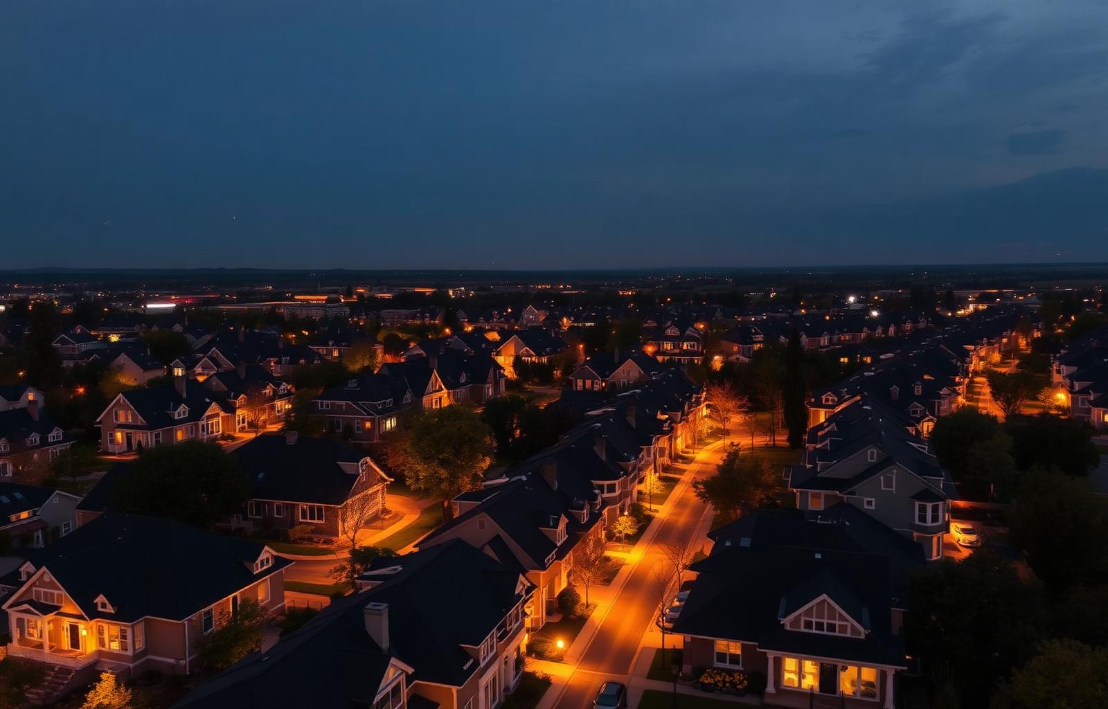 Aerial view of an upscale neighborhood at dusk